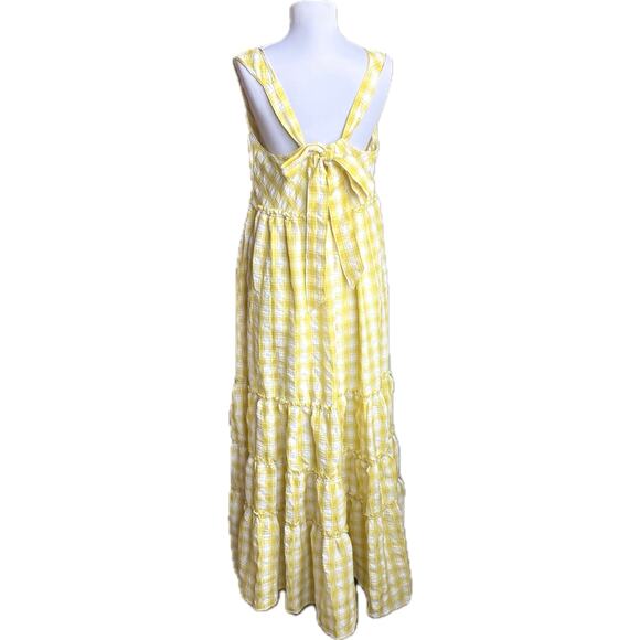 NEW FREE PEOPLE Beach Club Gingham Maxi Dress Size M Yellow White Tiered Raw Hem - Picture 5 of 10